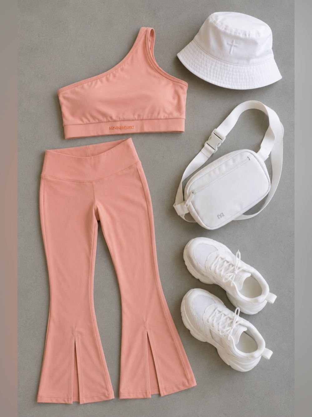 One-Shoulder light pink/peach Flare Legging set